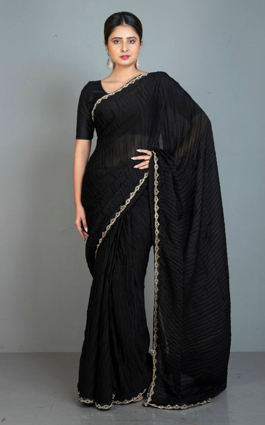 Designer Italian Crepe Silk Ruffle Saree in Black