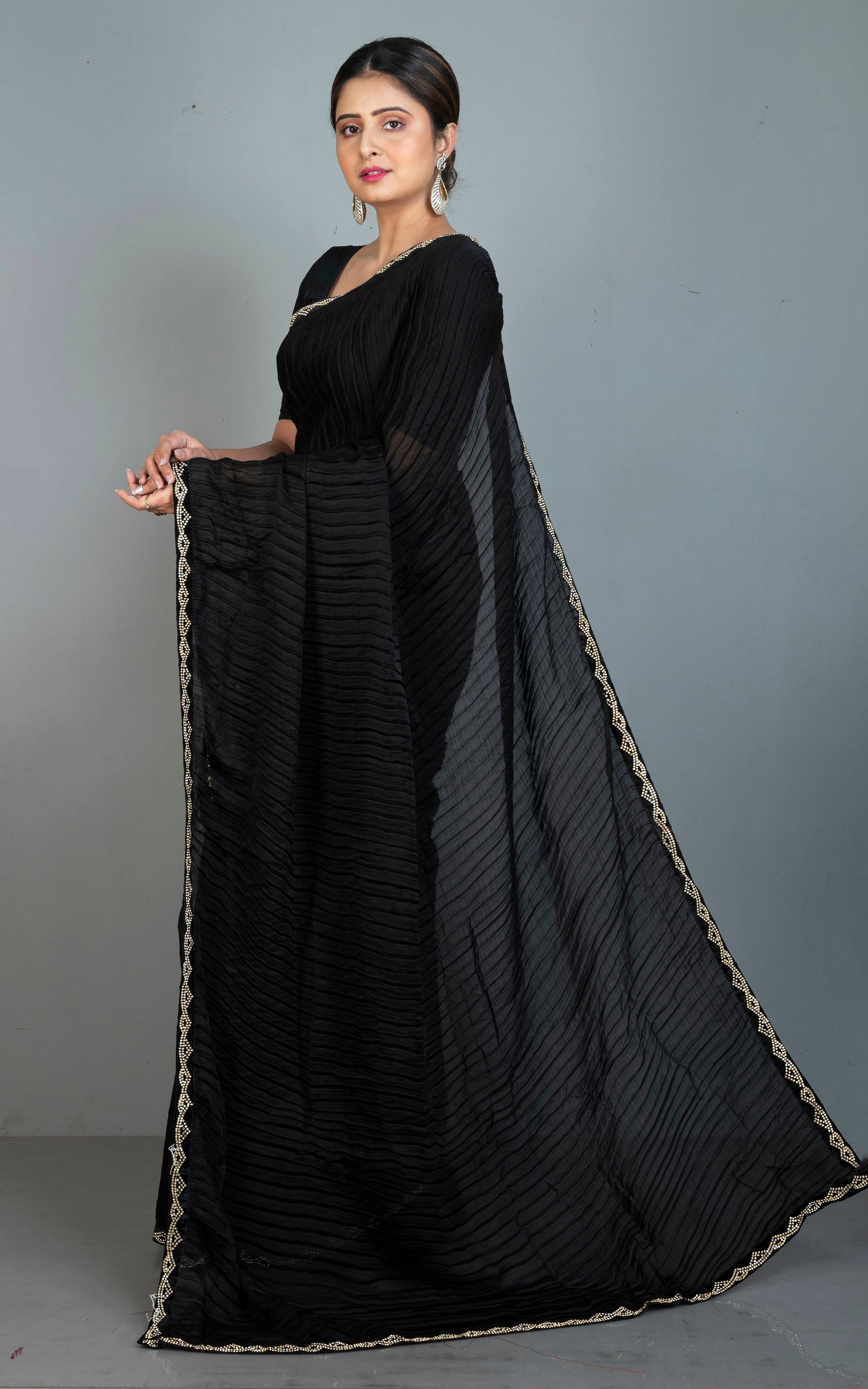 Designer Italian Crepe Silk Ruffle Saree in Black