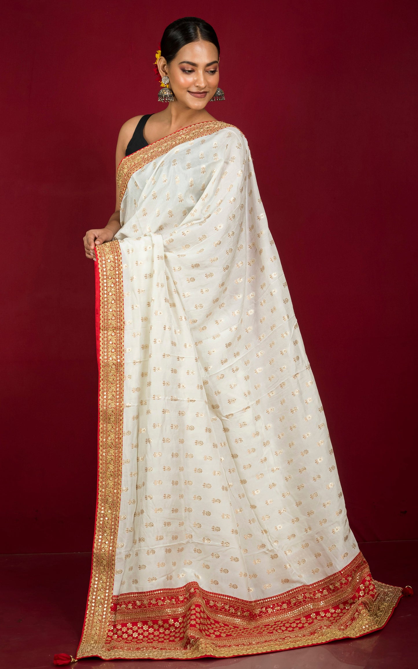 Dola Khaddi Georgette Occasional Wear Saree in Off White, Red and Antique Gold