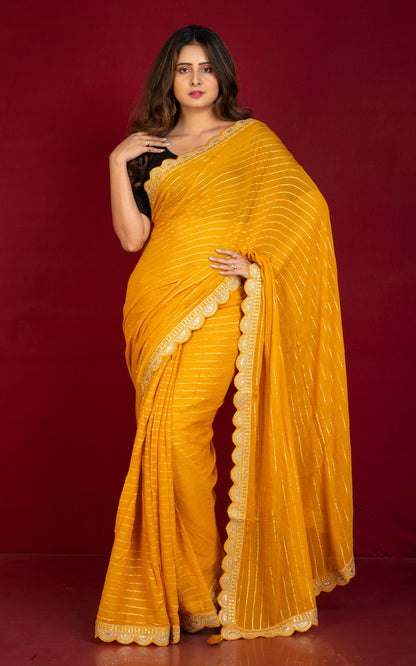 Khaddi Georgette Designer Saree in Honey Yellow and Antique Gold