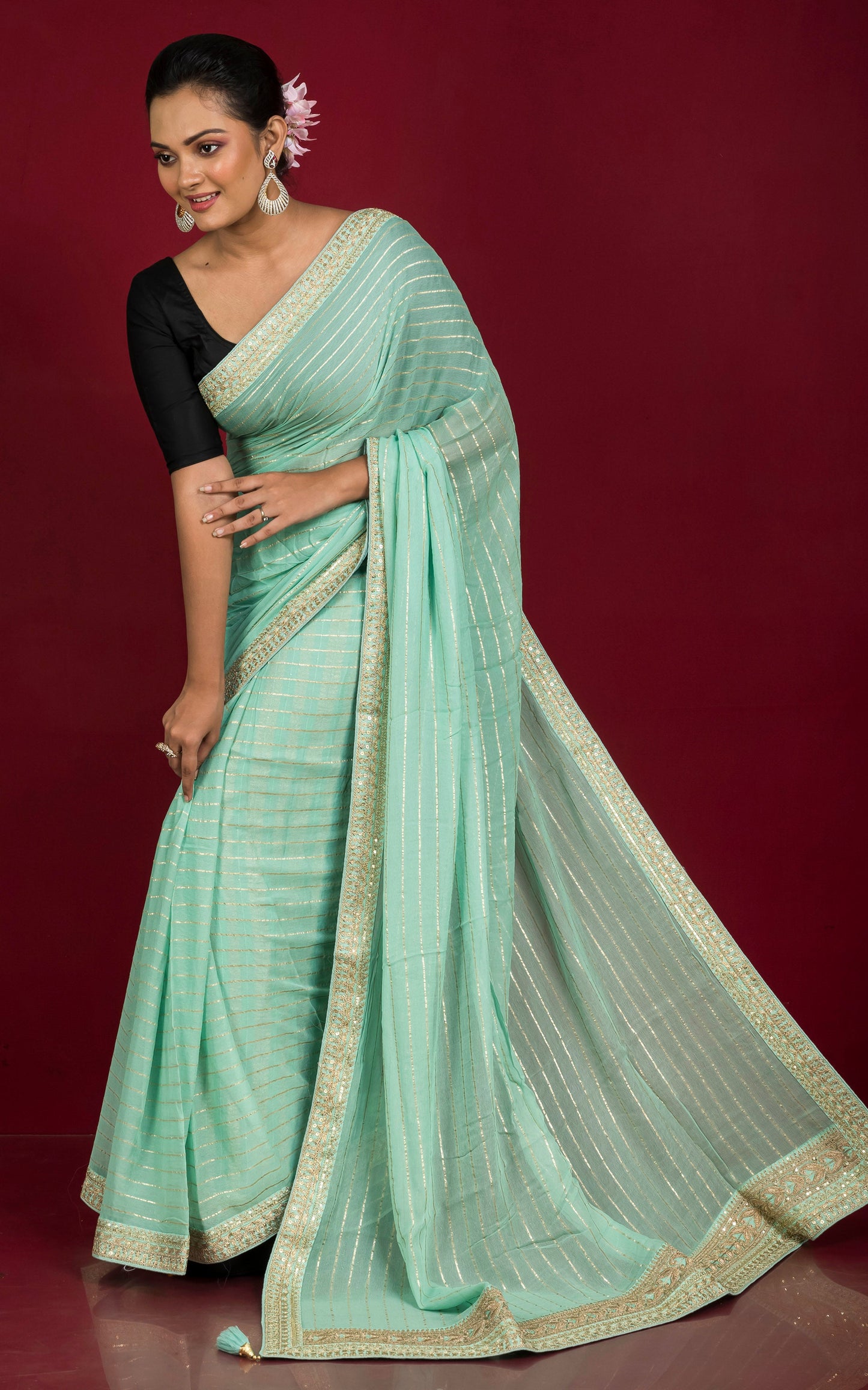 Khaddi Georgette Designer Zardozi Border Saree in Turquoise Green and Water Gold