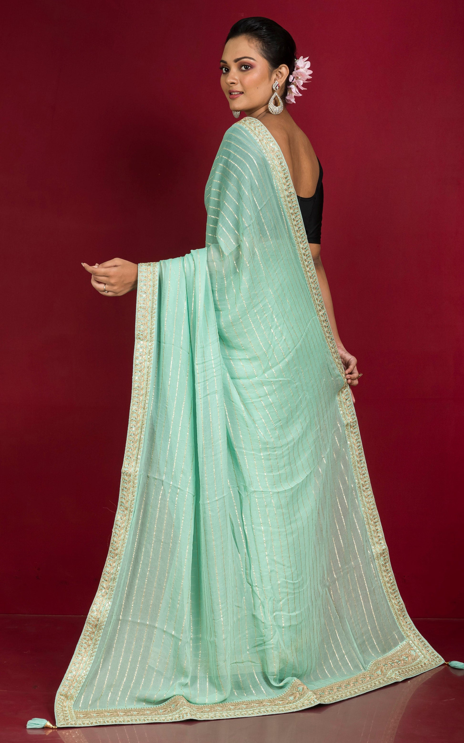Khaddi Georgette Designer Zardozi Border Saree in Turquoise Green and Water Gold