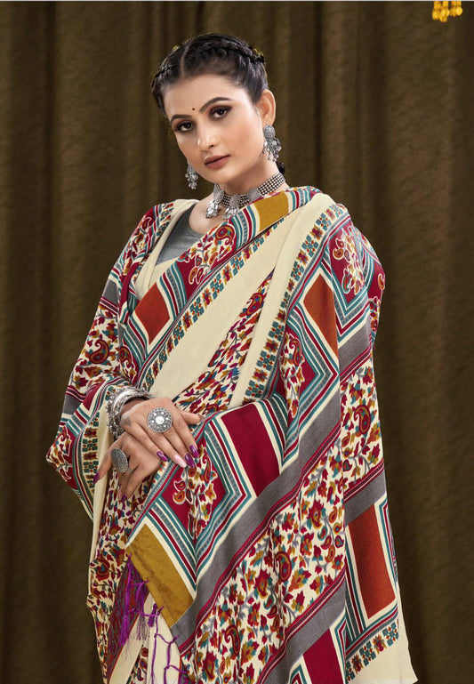 Printed Pashmina Saree and Shawl in Ivory and Multicolored Prints