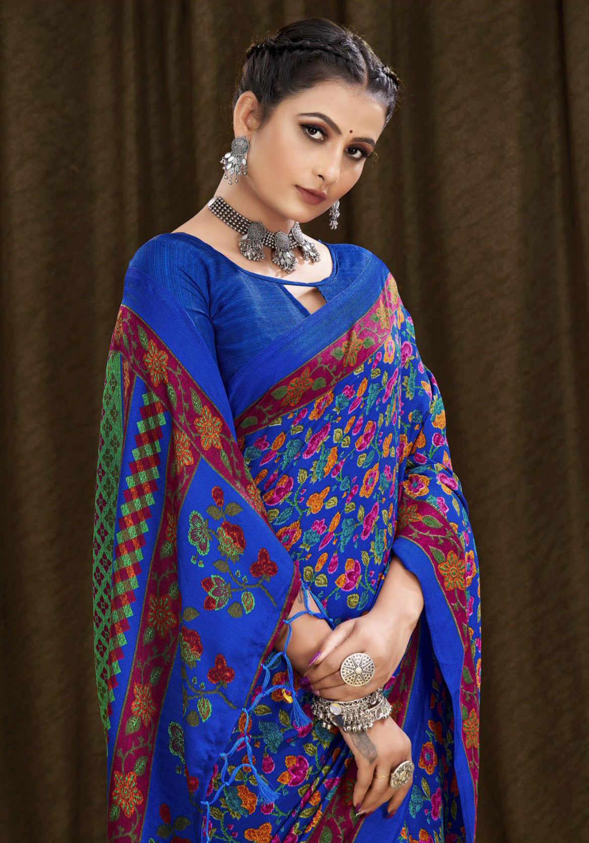 Printed Pashmina Saree and Shawl in Blue and Multicolored Prints