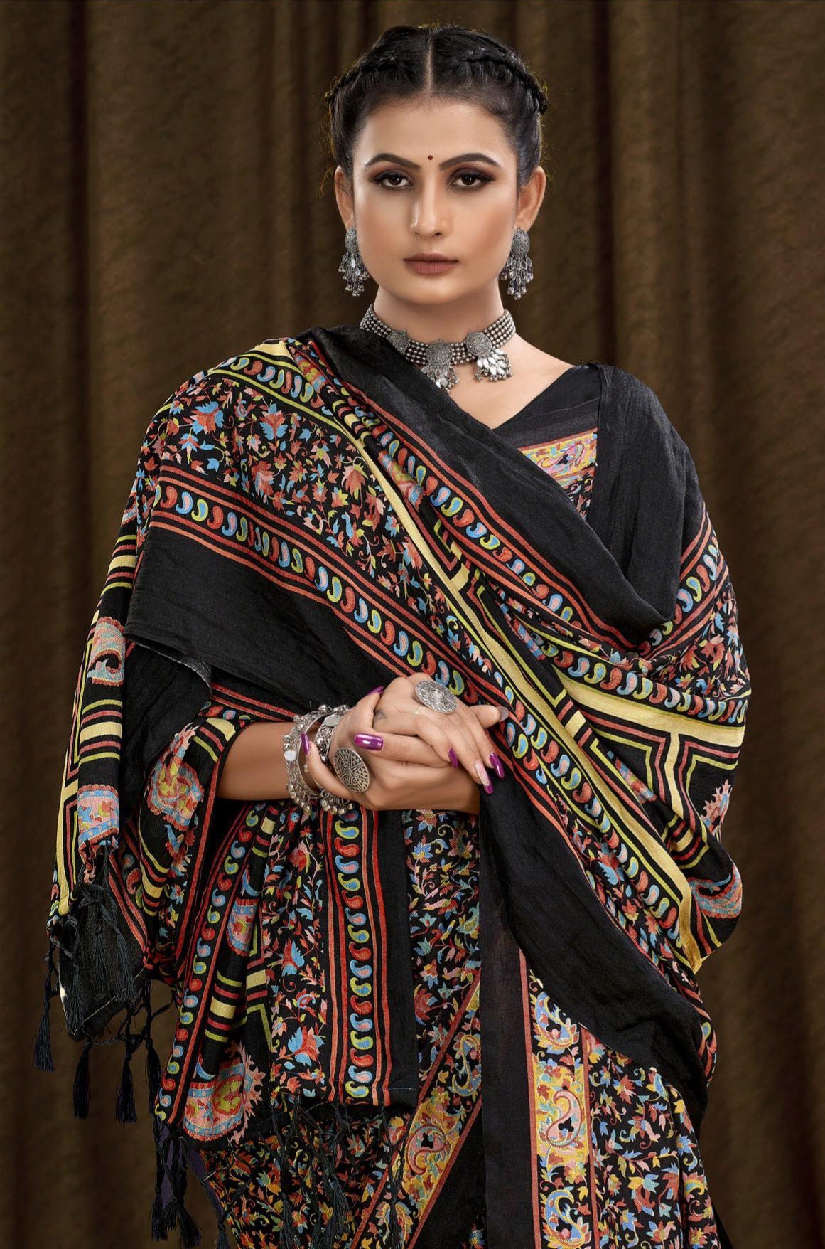 Printed Pashmina Saree and Shawl in Black and Multicolored Prints