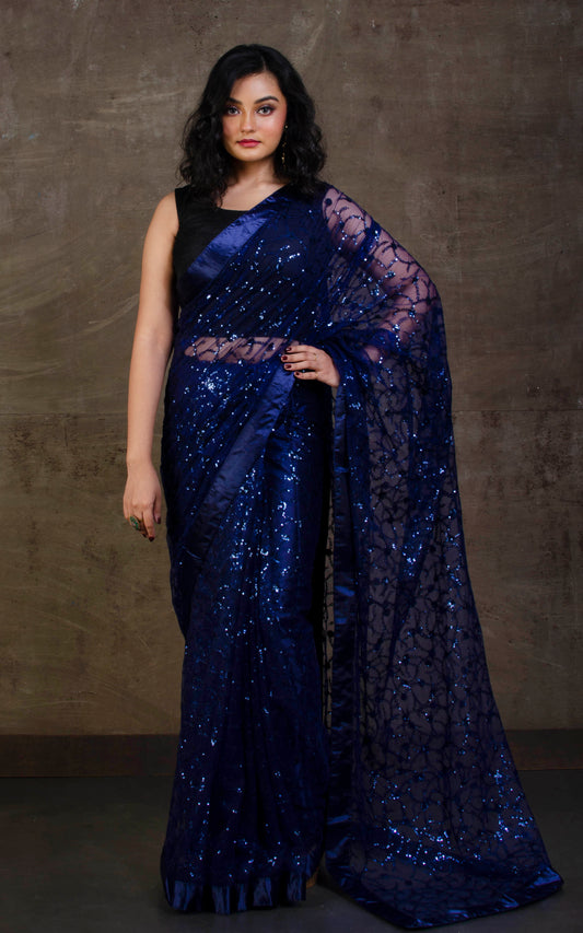 Designer Italian Net with Sequence Woven Bollywood Sarees in Navy Blue