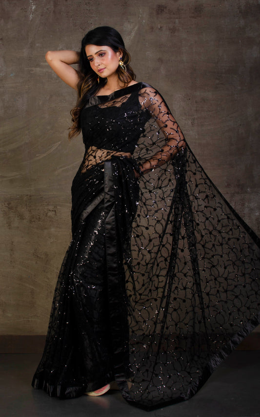 Designer Italian Net with Sequin Woven Bollywood Sarees in Black