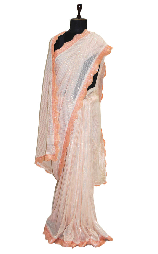 Contrast Sequin Nakshi Border Italian Net with Sequin Woven Bollywood Sarees in Peach and Salmon