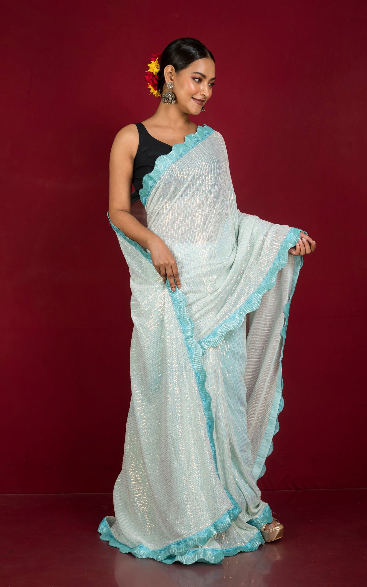 Contras Sequins Contrast Sequin Nakshi Border Italian Net with Sequin Woven Bollywood ...