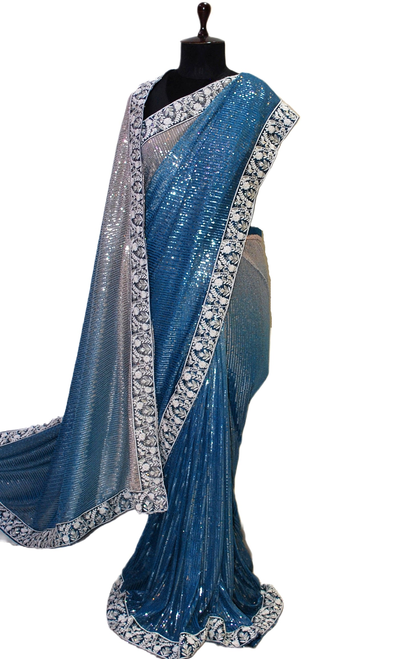 Patch Parsi Work Nakshi Border Italian Shaded Net with Sequin Woven Bollywood Sarees in Clay, Aegean Blue and Oatmeal White