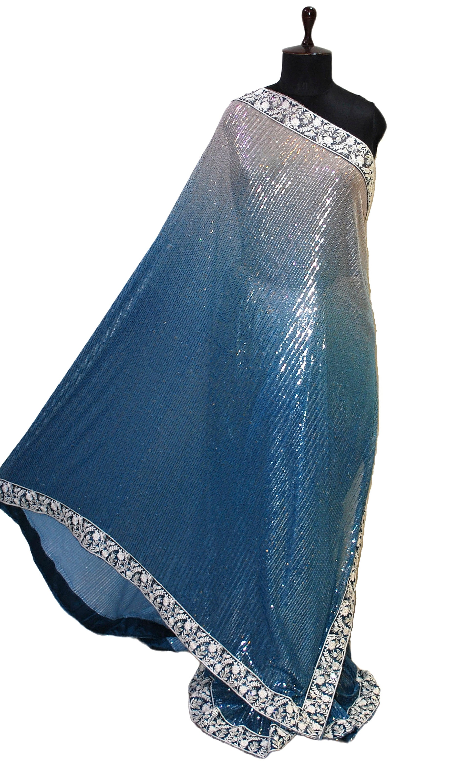 Patch Parsi Work Nakshi Border Italian Shaded Net with Sequin Woven Bollywood Sarees in Clay, Aegean Blue and Oatmeal White