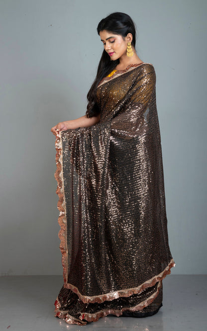 Contrast Sequin Nakshi Border Italian Net with Sequin Woven Bollywood Sarees in Black and Copper