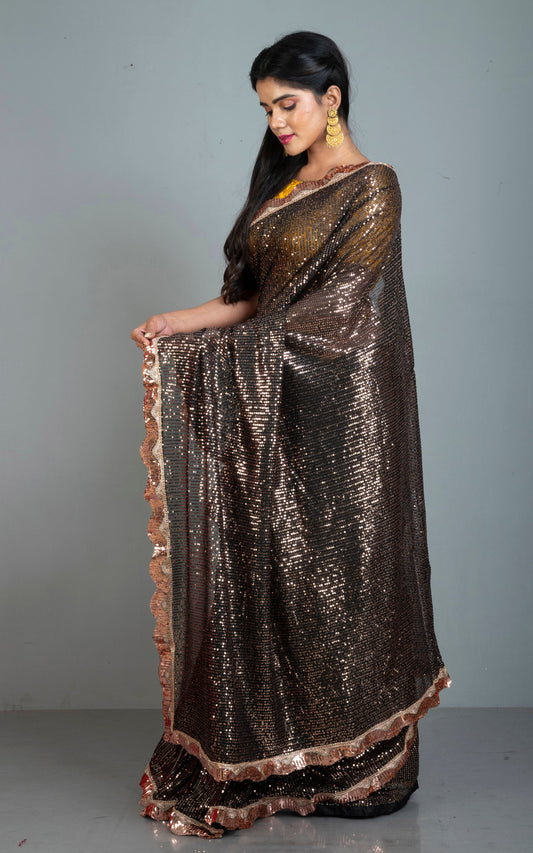 Contrast Sequin Nakshi Border Italian Net with Sequin Woven Bollywood Sarees in Black and Copper