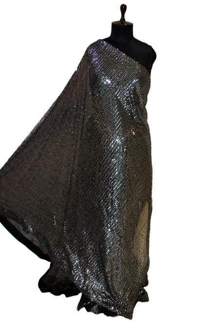 Designer Italian Net with Sequin Woven Bollywood Sarees in Soot Black
