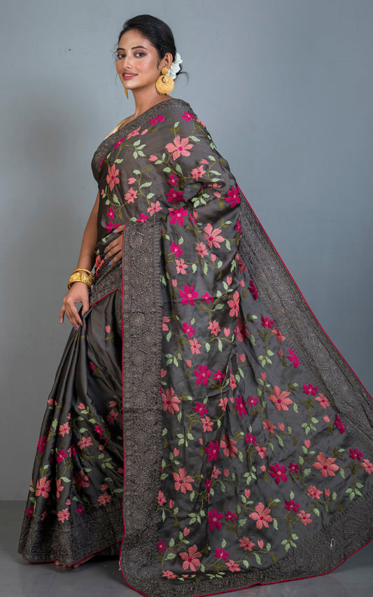 Parsi Cross Stitch Work Designer Italian Crepe Silk Saree in Taupe Brown, Hot Pink and Multicolored Thread Work