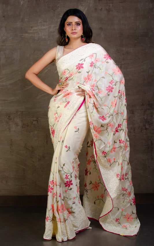 Parsi Cross Stitch Work Designer Italian Crepe Silk Saree in Off White, Magenta and Multicolored Thread Work