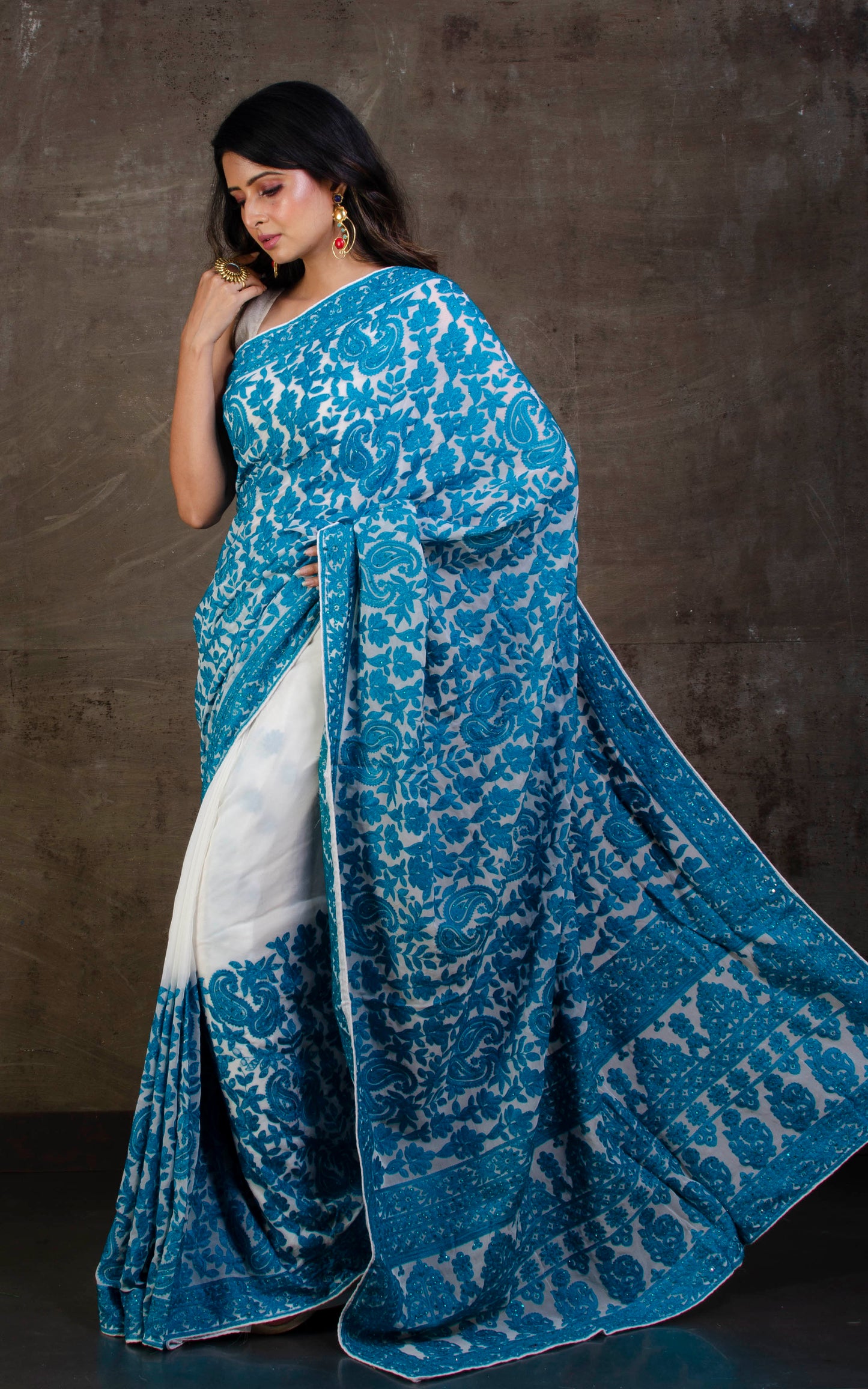 Kashmiri Embroidery Work Designer Saree in White and Rama Green Work