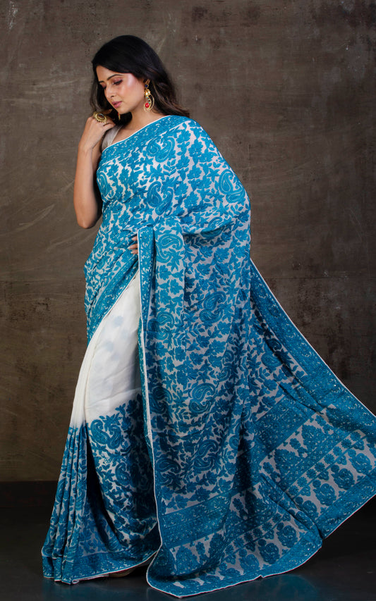 Kashmiri Embroidery Work Designer Saree in White and Rama Green Work