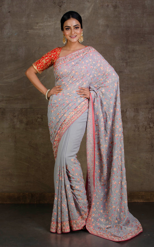 Fine Tilfi Kashmiri Embroidery Work Designer Saree in Silver Grey and Multicolored Thread Work