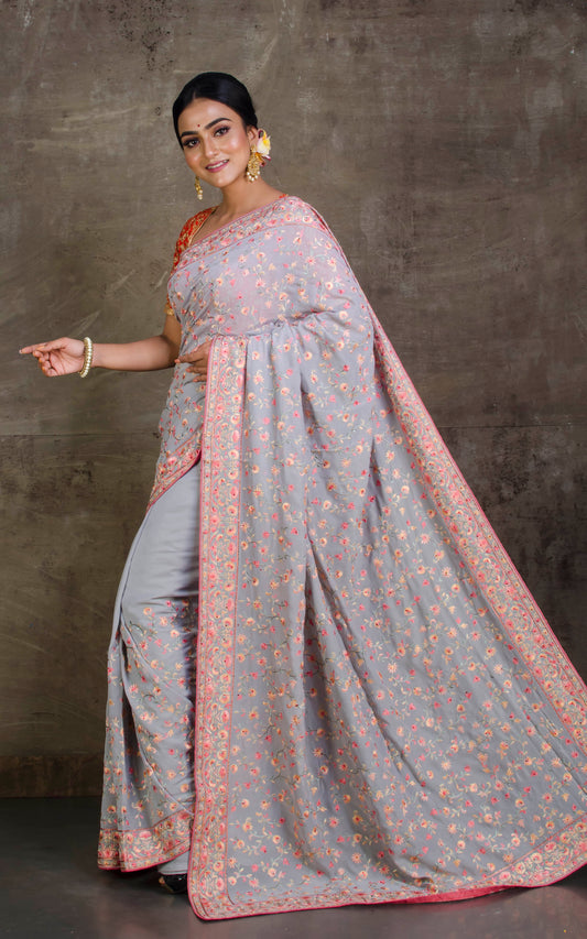 Fine Tilfi Kashmiri Embroidery Work Designer Saree in Silver Grey and Multicolored Thread Work