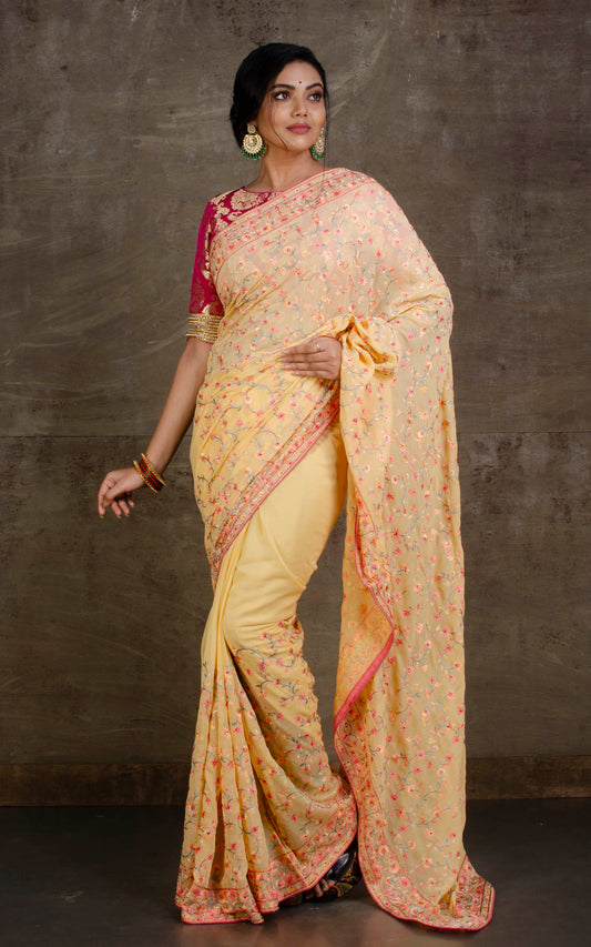 Fine Tilfi Kashmiri Embroidery Work Designer Saree in Pale Peach and Multicolored Thread Work