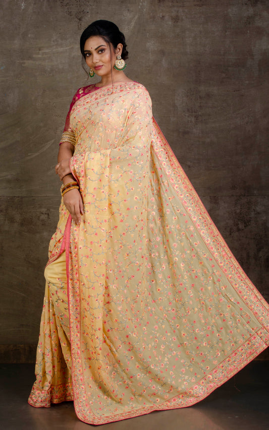 Fine Tilfi Kashmiri Embroidery Work Designer Saree in Pale Peach and Multicolored Thread Work