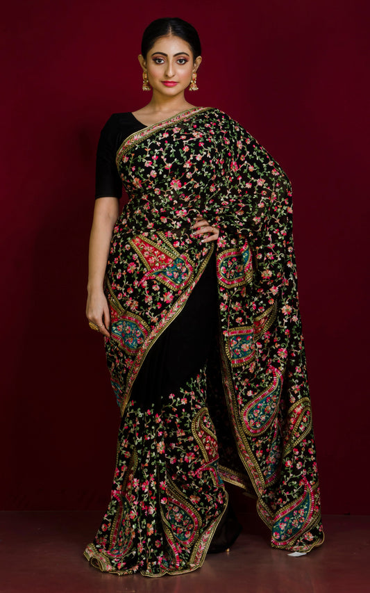Kashmiri Embroidery Work Designer Saree in Black and Multicolored Thread Work