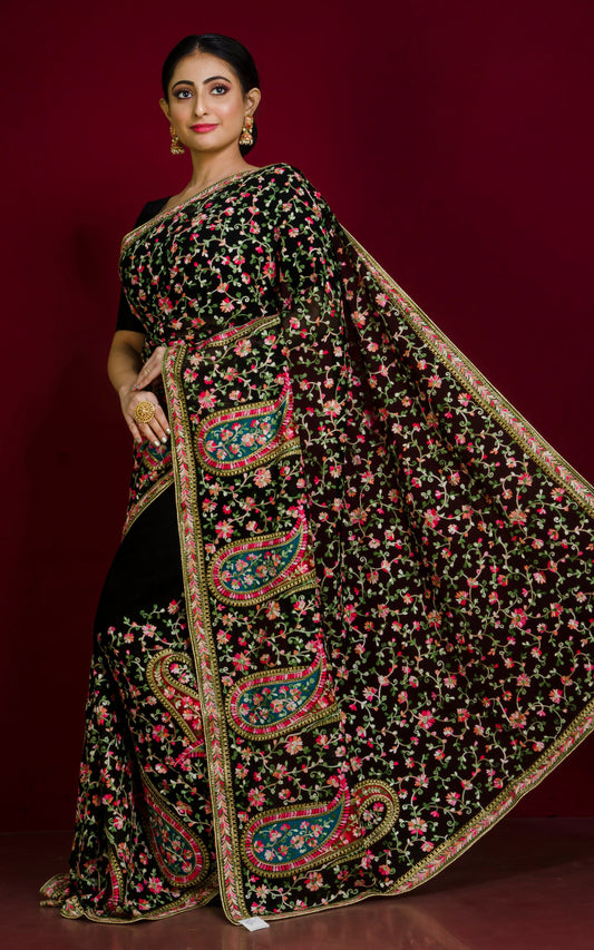 Kashmiri Embroidery Work Designer Saree in Black and Multicolored Thread Work