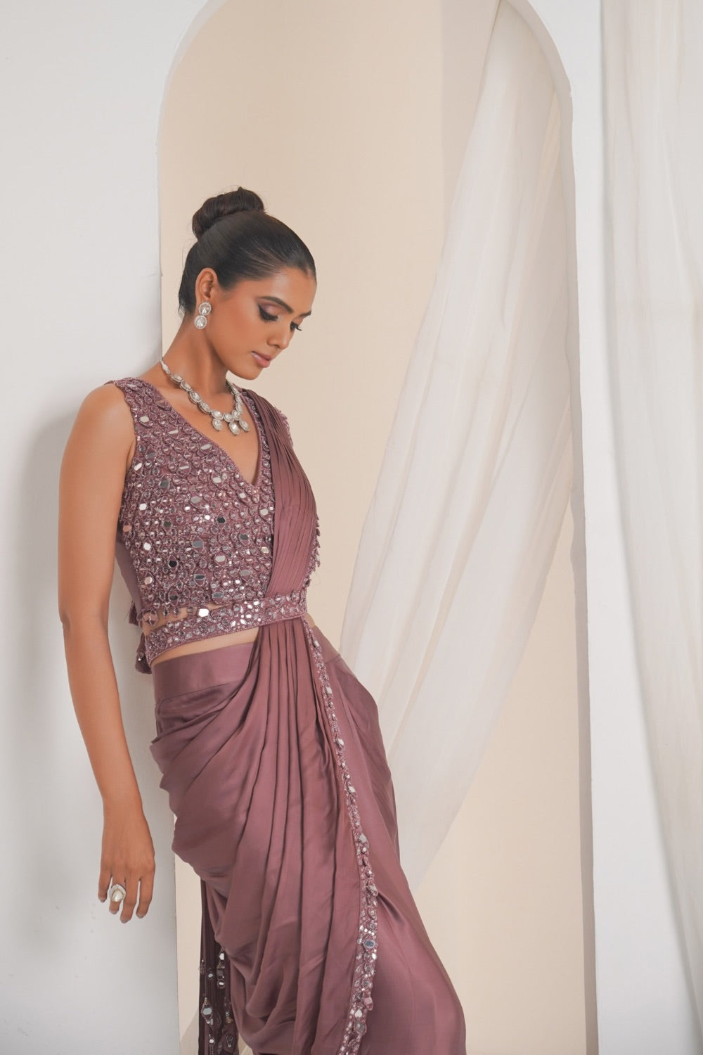 Mauve crepe silk saree with mirror work