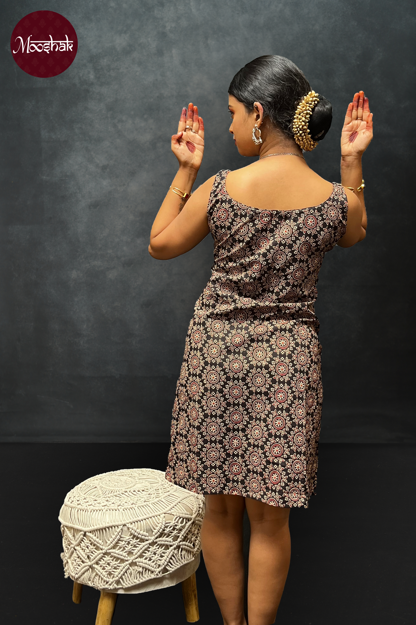 Dhaani-Dress - Dresses in Black Ajrakh with circle print