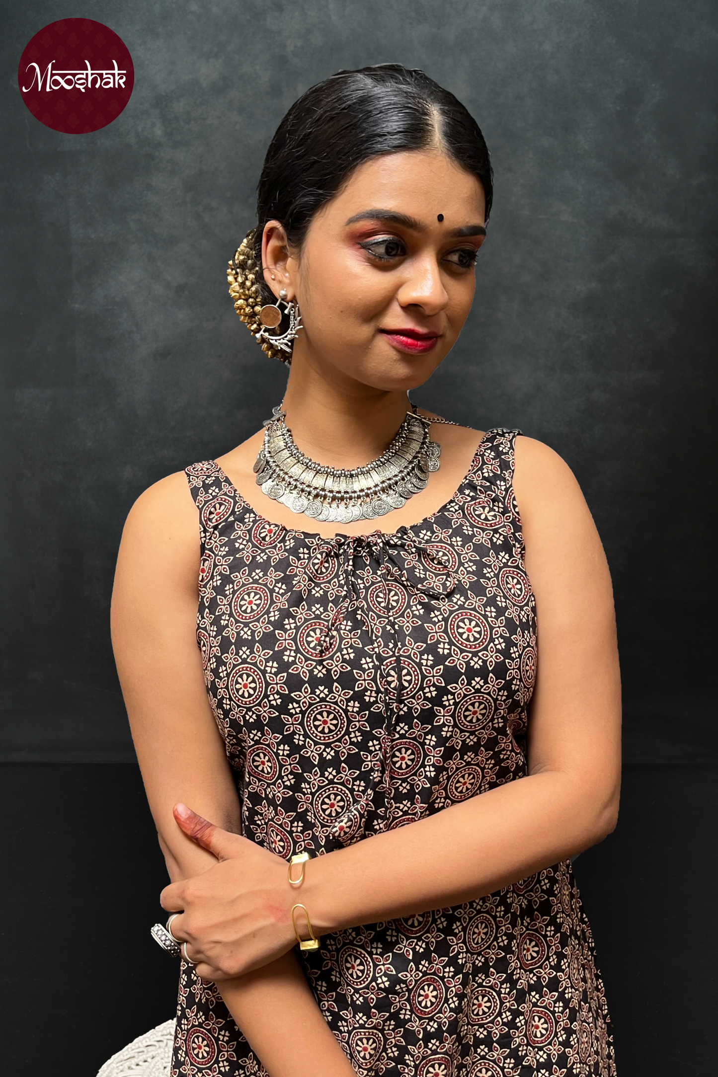 Dhaani-Dress - Dresses in Black Ajrakh with circle print