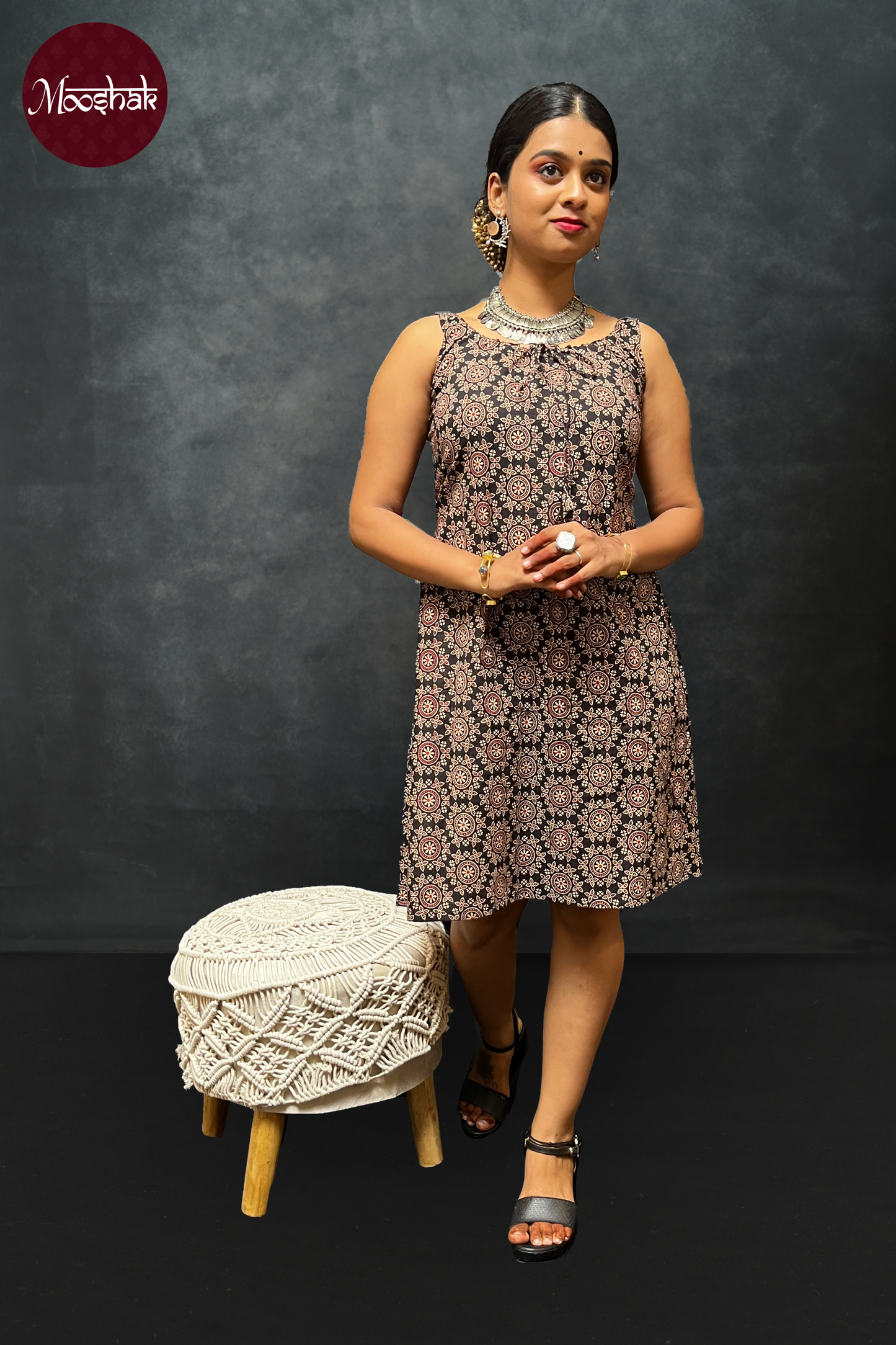 Dhaani-Dress - Dresses in Black Ajrakh with circle print