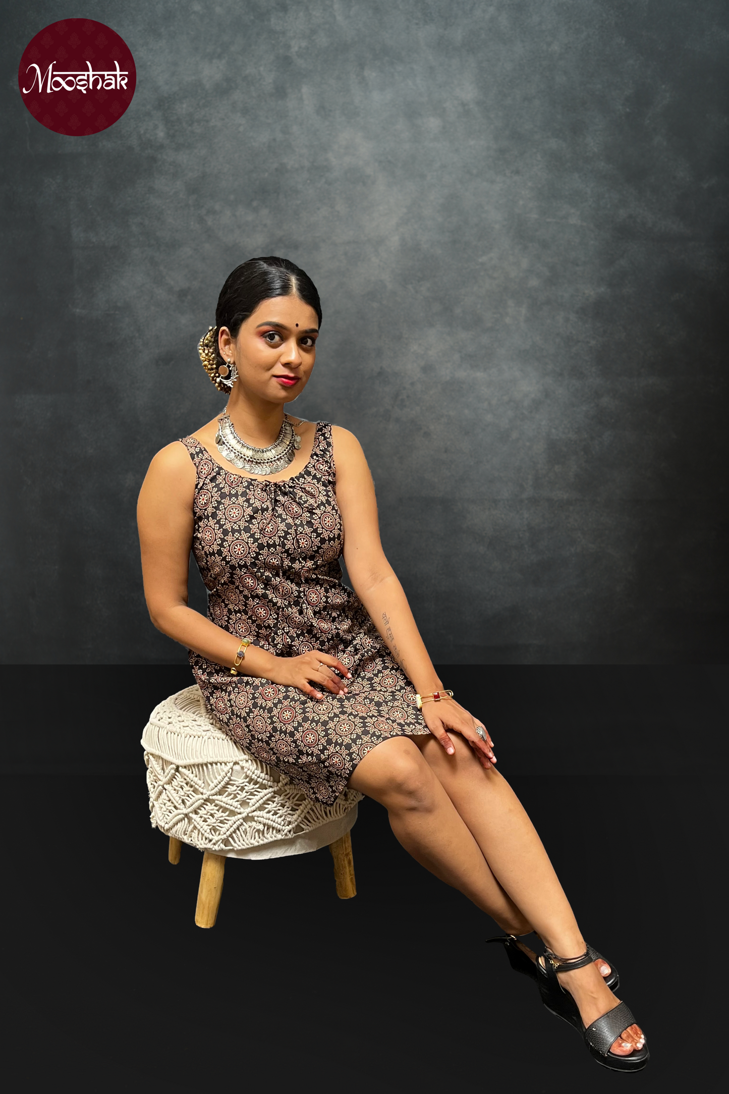 Dhaani-Dress - Dresses in Black Ajrakh with circle print