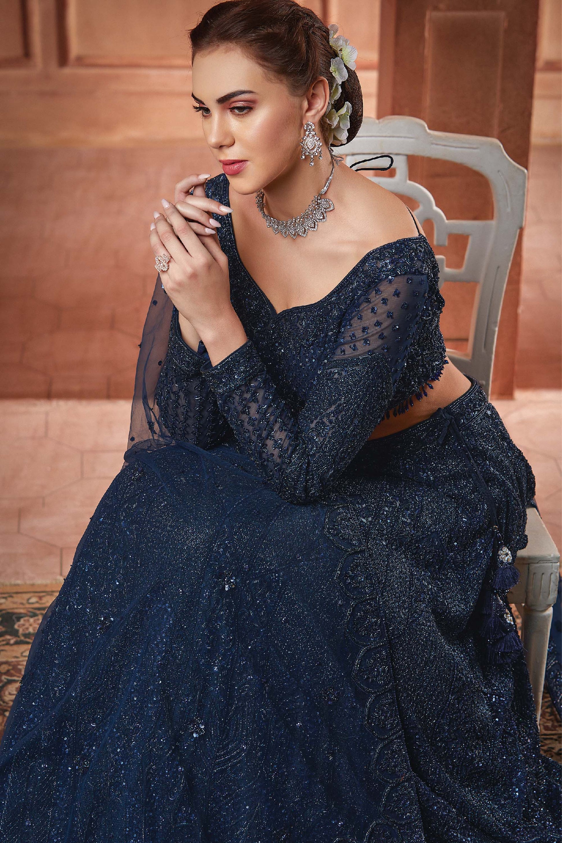 Kalaa Cobalt Blue Net Hand Embroidered Bridal Lehenga – Mohi fashion