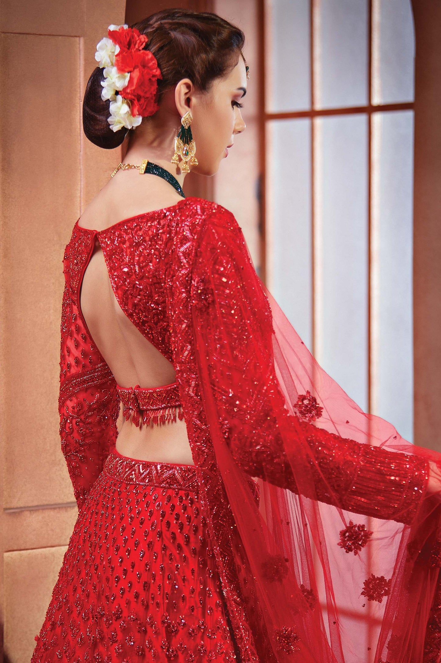 Kalaa Red Net Hand Embroidered  Bridal Lehenga