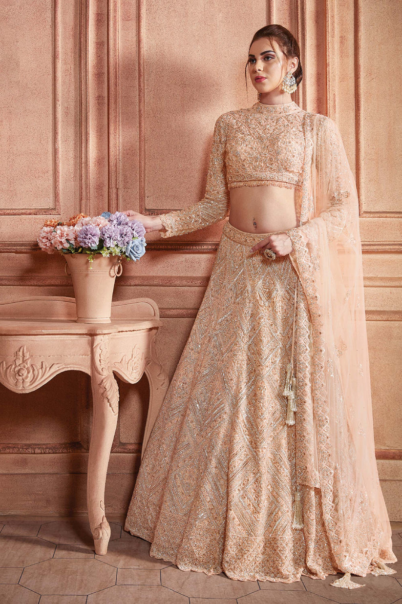 Peach Net Hand Embroidered Bridal Lehenga