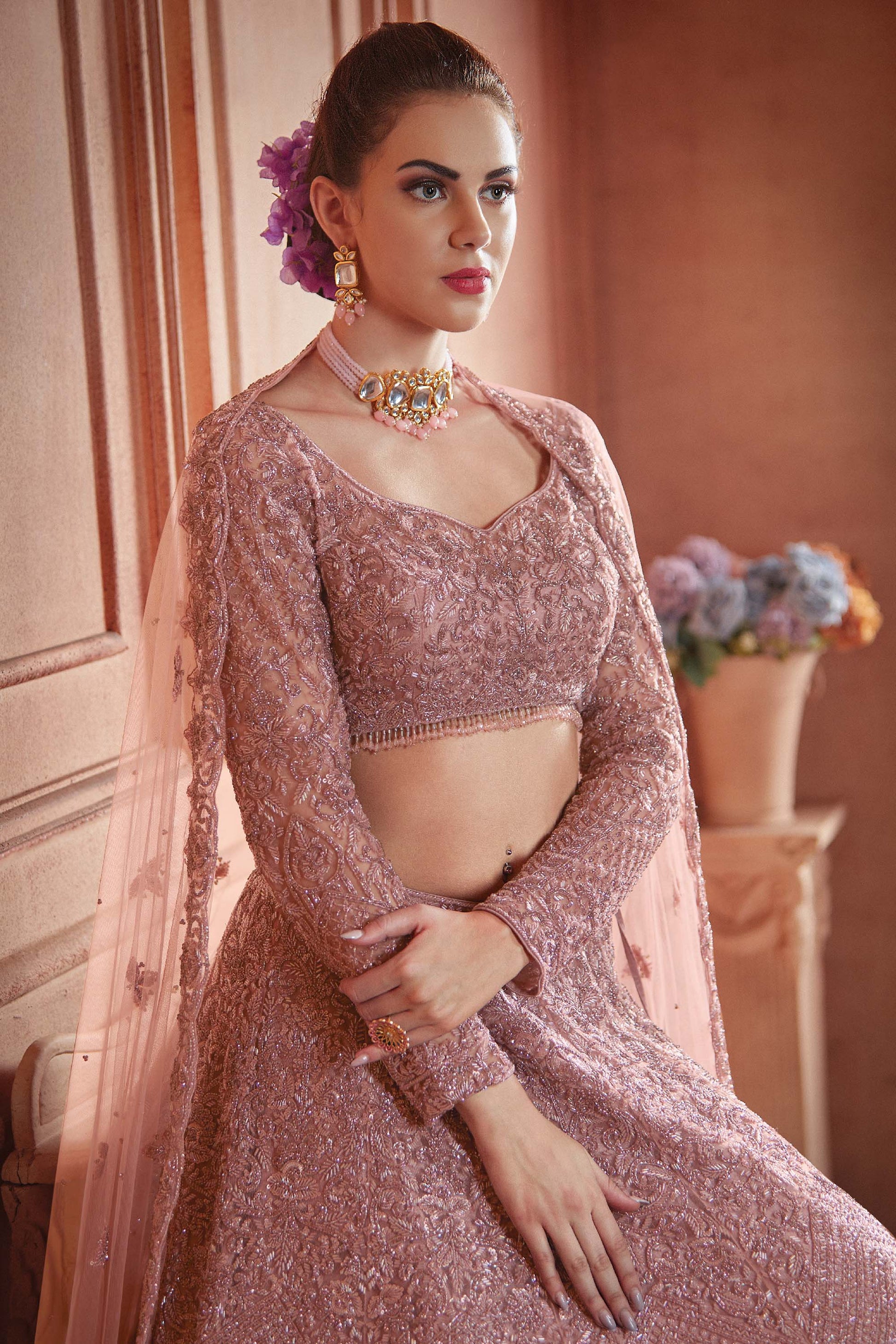 Kalaa Dusty Rose Pink Net Hand Embroidered Bridal Lehenga Mohi fashion Kalaa Dusty Rose Pink Net Hand Embroidered Bridal Lehenga Mohi fashion