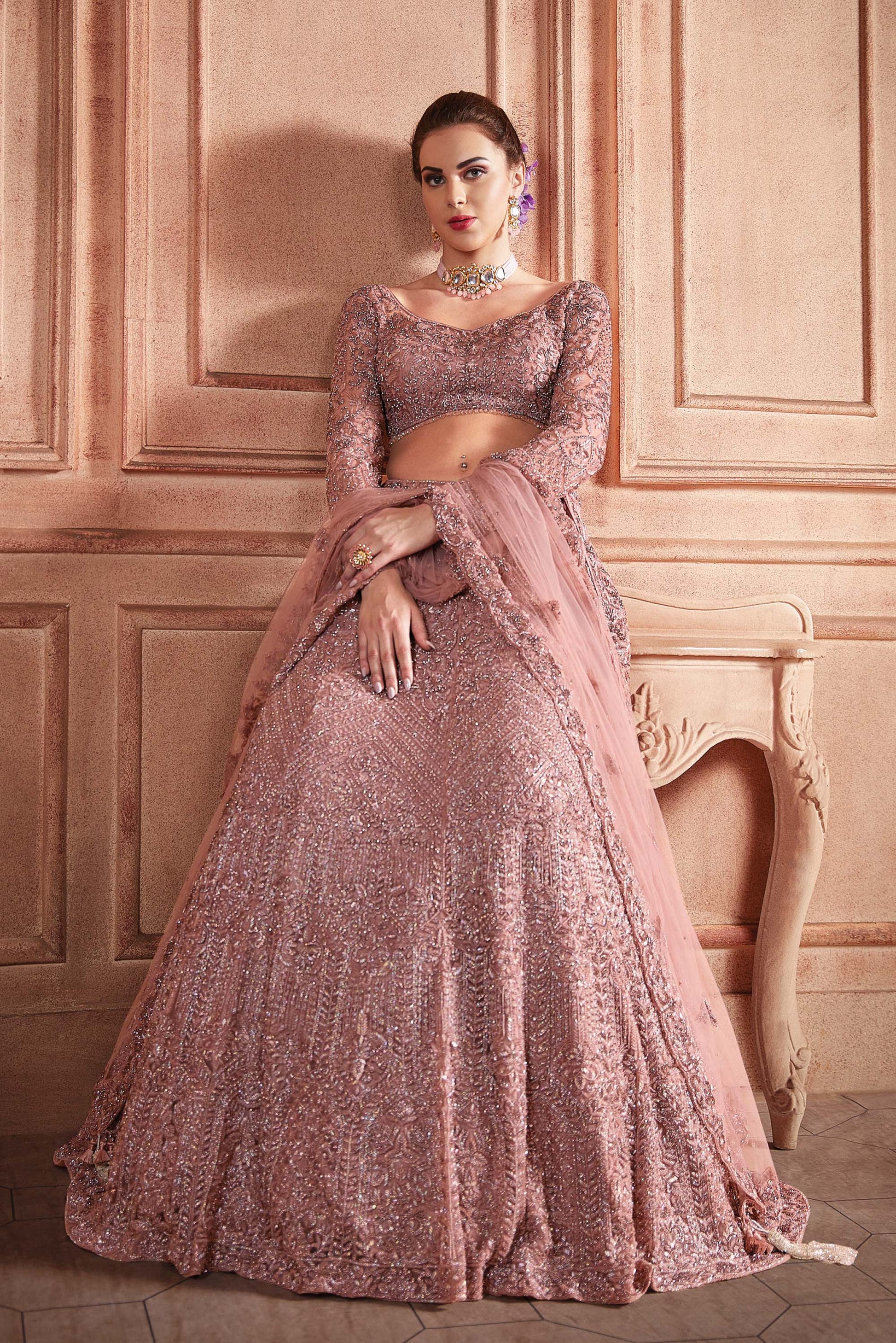 Kalaa Dusty Rose Pink Net Hand Embroidered Bridal Lehenga Mohi fashion Kalaa Dusty Rose Pink Net Hand Embroidered Bridal Lehenga Mohi fashion