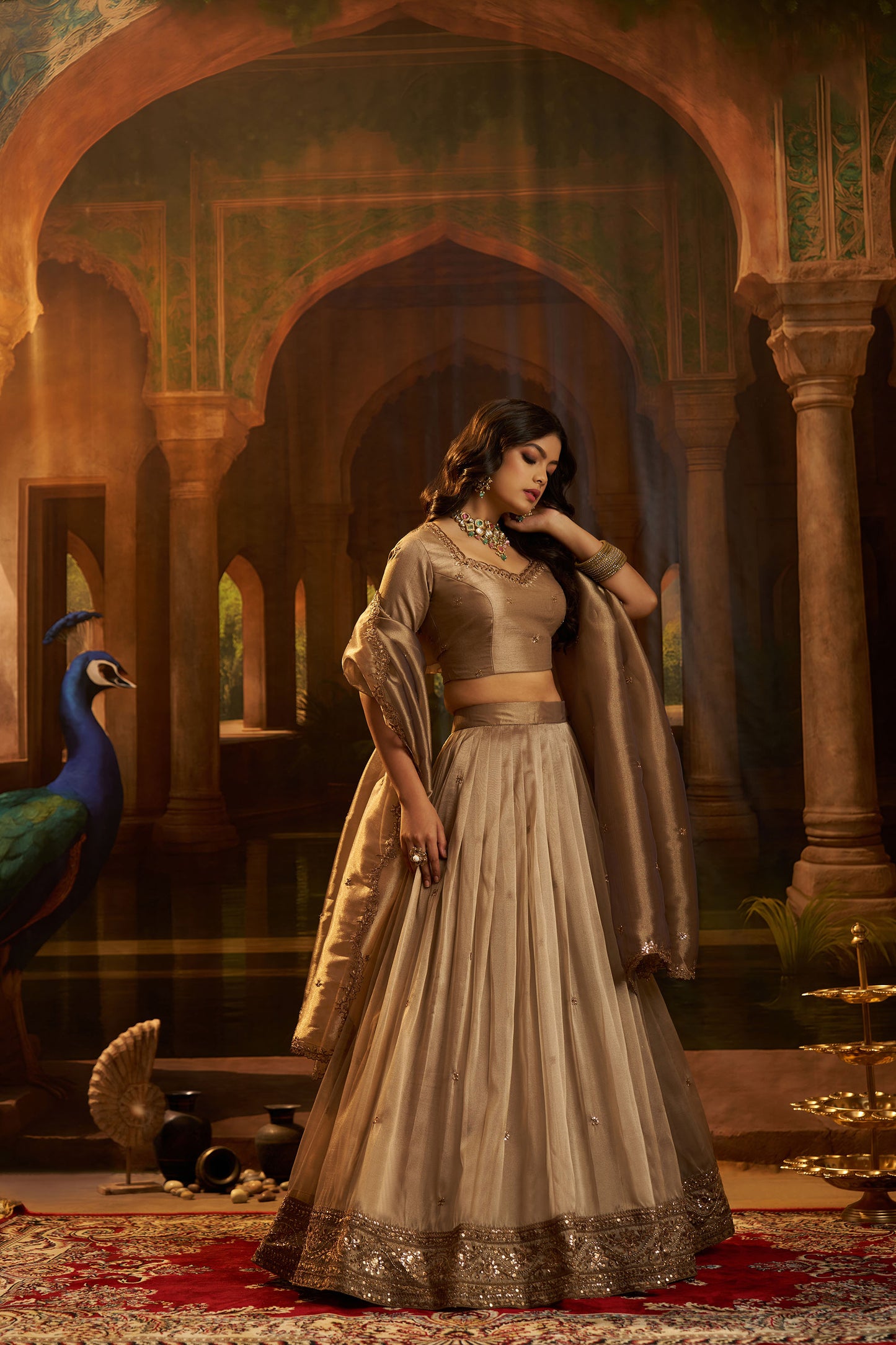 Brown Organza Zari & Dori Embroidered Bridesmaid Lehenga