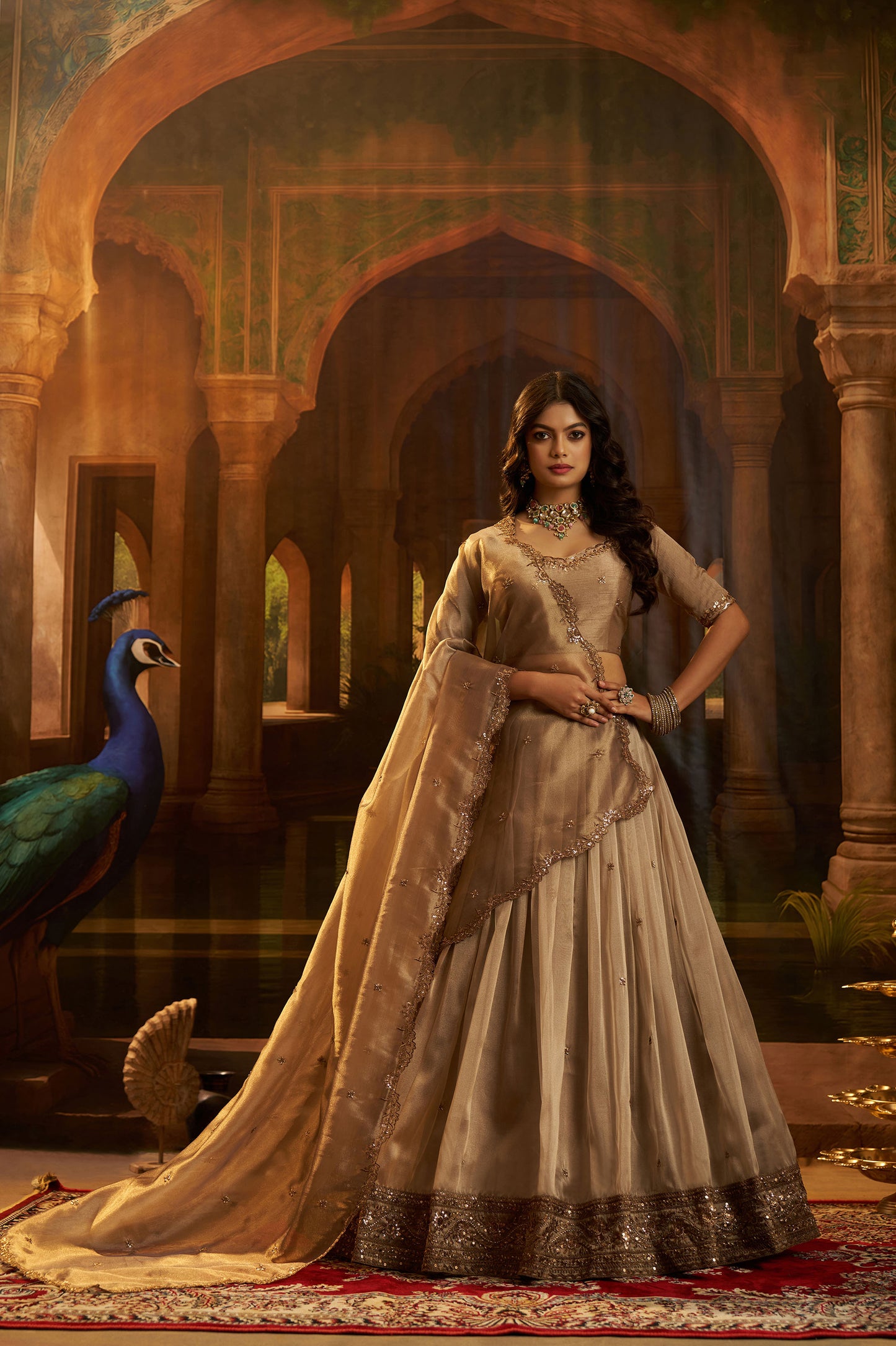 Brown Organza Zari & Dori Embroidered Bridesmaid Lehenga