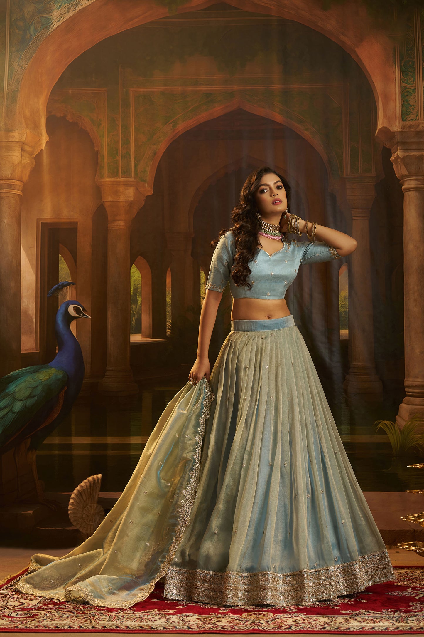 Sky Blue Organza Zari & Dori Embroidered Bridesmaid Lehenga