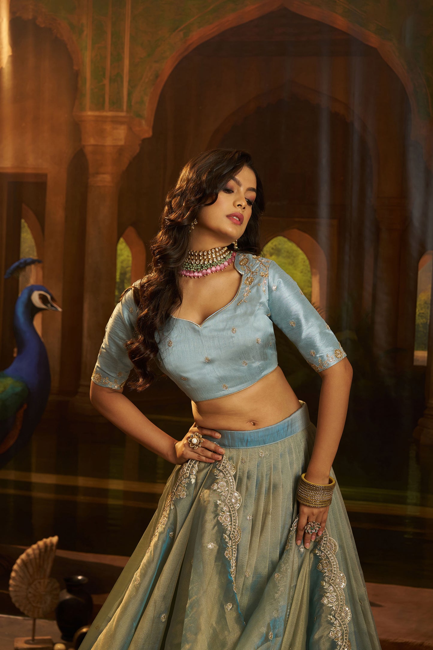 Sky Blue Organza Zari & Dori Embroidered Bridesmaid Lehenga