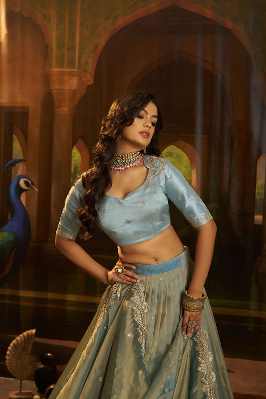 Sky Blue Organza Zari & Dori Embroidered Bridesmaid Lehenga