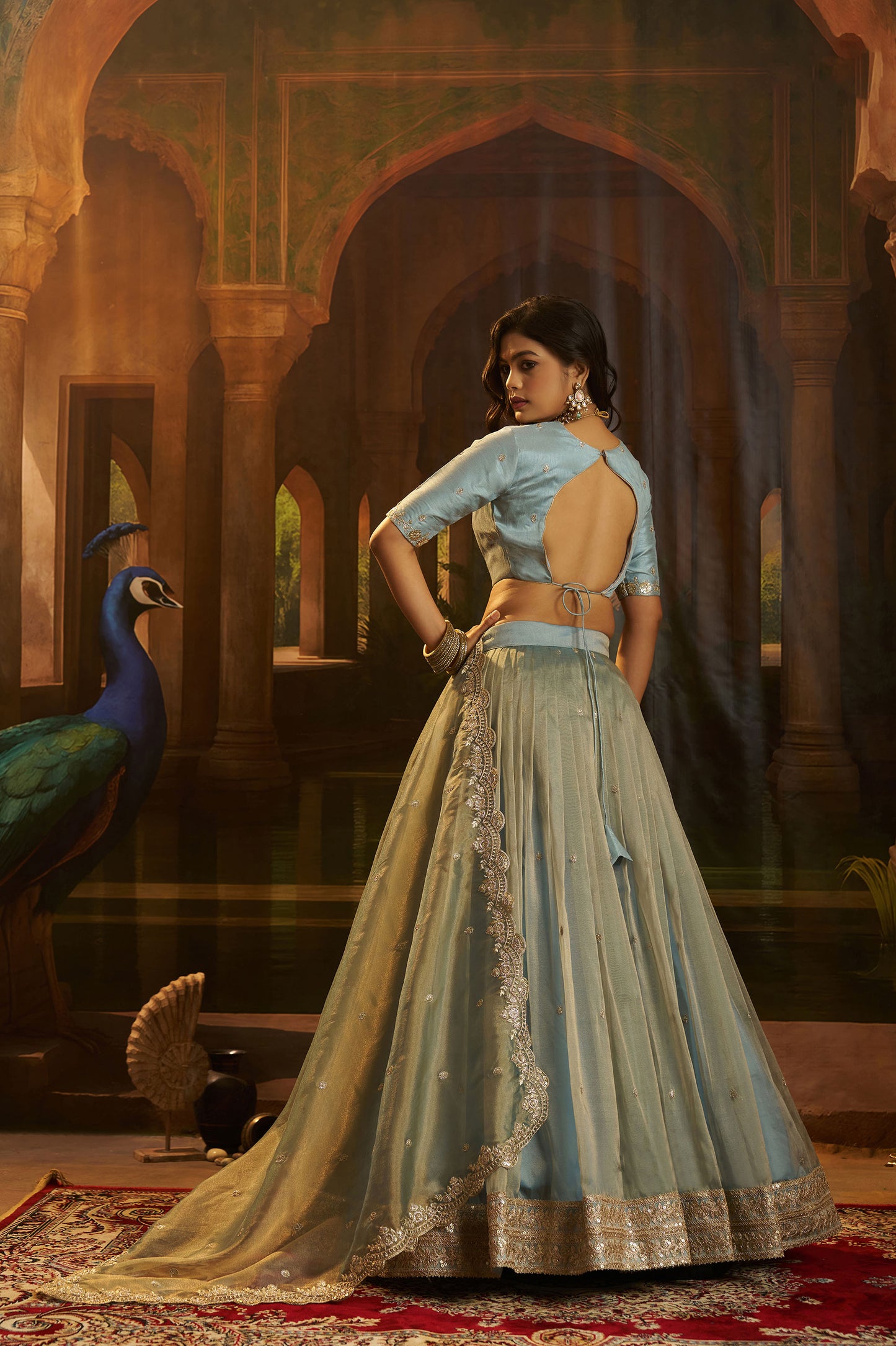 Sky Blue Organza Zari & Dori Embroidered Bridesmaid Lehenga