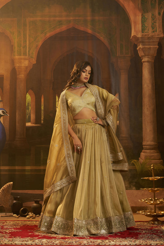 Yellow Organza Zari & Dori Embroidered Bridesmaid Lehenga for Haldi