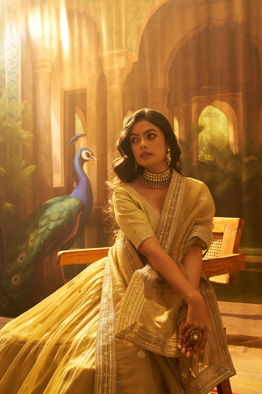 Yellow Organza Zari & Dori Embroidered Bridesmaid Lehenga for Haldi