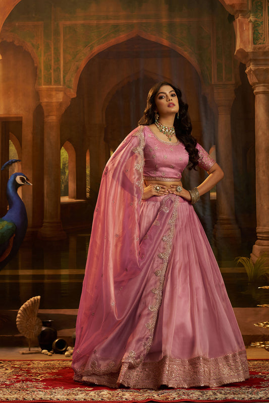 Pink Organza Zari & Dori Embroidered Bridesmaid Lehenga for Sangeet