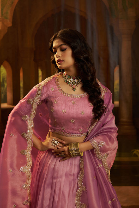 Pink Organza Zari & Dori Embroidered Bridesmaid Lehenga for Sangeet