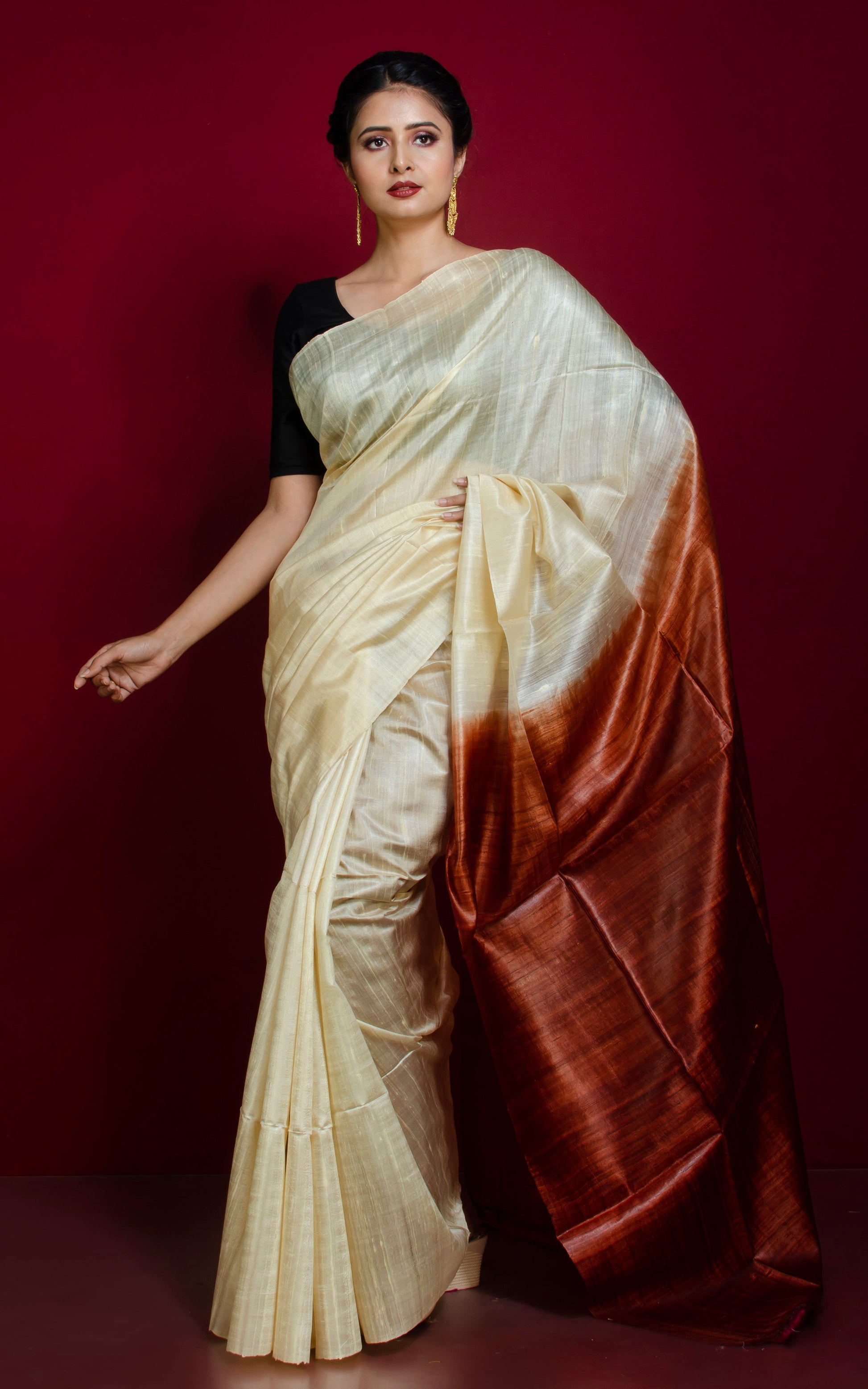 Premium Soft Dupion Tussar Silk Saree in Cream and Sienna Brown