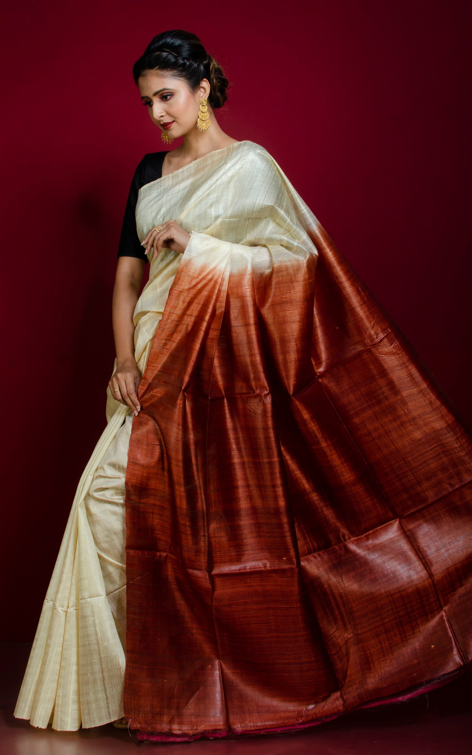 Premium Soft Dupion Tussar Silk Saree in Cream and Sienna Brown